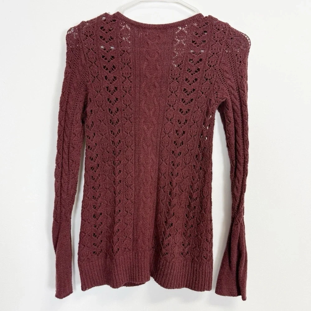 Free People Sweater Womens Small Maroon See Through Knit Lace Up Vneck